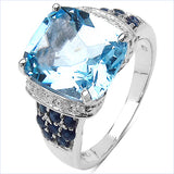 5.20 Carat Genuine Blue Topaz , Blue Sapphire & White Diamond .925 Sterling Silver Ring