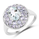 2.00 Carat Genuine Aquamarine and Tanzanite .925 Sterling Silver Ring