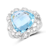 11.01 Carat Genuine Blue Topaz and White Zircon .925 Sterling Silver Ring