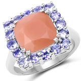 6.70 Carat Genuine Peach Moonstone and Tanzanite .925 Sterling Silver Ring