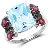6.39 Carat Genuine Blue Topaz, Rhodolite & White Topaz .925 Sterling Silver Ring