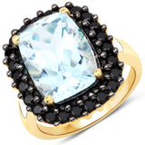 7.66 Carat Genuine Blue Topaz and Black Spinel .925 Sterling Silver Ring