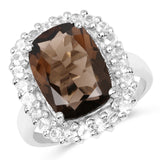 6.44 Carat Genuine Smoky Quartz & White Topaz .925 Sterling Silver Ring