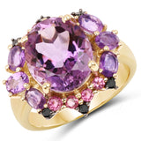 14K Yellow Gold Plate 5.25 Carat Genuine Amethyst Rhodolite & Blue Diamond .925 Sterling Silver Ring