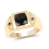14K Yellow Gold Plated 2.03 ct Genuine Black Onyx and Black Diamond .925 Sterling Silver Ring