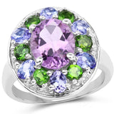 3.89 Carat Genuine Amethyst, Tanzanite & Chrome Diopside .925 Sterling Silver Ring