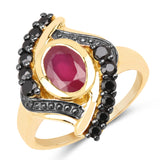 14K Yellow Gold Plated 2.24 Carat Genuine Glass Filled Ruby & Black Spinel .925 Sterling Silver Ring