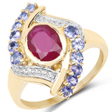 14K Yellow Gold Plated 2.17 Carat Genuine Glass Filled Ruby & Tanzanite .925 Sterling Silver Ring