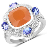 4.23 Carat Genuine Peach Moonstone and Tanzanite .925 Sterling Silver Ring
