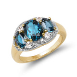 14K Yellow Gold Plated 2.77 Carat Genuine London Blue Topaz & White Topaz .925 Sterling Silver Ring