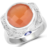 5.99 Carat Genuine Peach Moonstone, Tanzanite and White Topaz .925 Sterling Silver Ring