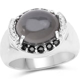 5.68 Carat Genuine Grey Moonstone & Black Spinel .925 Sterling Silver Ring