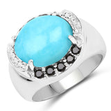 4.58 Carat Genuine Turquoise and Black Spinel .925 Sterling Silver Ring