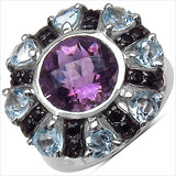 6.12 Carat Genuine Amethyst, Blue Topaz & Black Spinel .925 Sterling Silver Ring