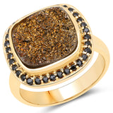 14K Yellow Gold Plated 6.19 Carat Genuine Drusy Quartz and Black Spinel .925 Sterling Silver Ring