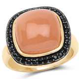 14K Yellow Gold Plated 7.50 ct.. t.w. Peach Moonstone and Black Spinel Ring in Sterling Silver