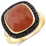 6.74 Carat Genuine Peach Moonstone and Black Spinel .925 Sterling Silver Ring