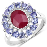 3.70 Carat Glass Filled Ruby and Tanzanite .925 Sterling Silver Ring
