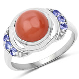 3.01 Carat Genuine Peach Moonstone and Tanzanite .925 Sterling Silver Ring