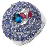 3.31 Carat Genuine London Blue Topaz , Ruby & Tanzanite .925 Sterling Silver Ring