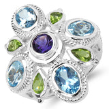 5.13 Carat Genuine Amethyst , Blue Topaz & Peridot .925 Sterling Silver Ring
