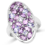 3.13 Carat Genuine Amethyst, Tanzanite & White Topaz .925 Sterling Silver Ring