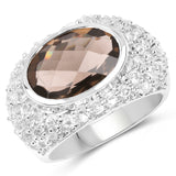 7.32 Carat Genuine Smoky Quartz and White Topaz .925 Sterling Silver Ring
