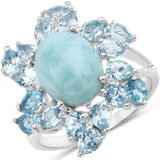 6.94 Carat Genuine Larimar and Blue Topaz .925 Sterling Silver Ring