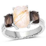 5.75 Carat Genuine Golden Rutile and Smoky Quartz .925 Sterling Silver Ring
