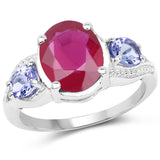 3.76 Carat Glass Filled Ruby and Tanzanite .925 Sterling Silver Ring