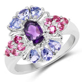 1.77 Carat Genuine Amethyst, Tanzanite and Rhodolite .925 Sterling Silver Ring