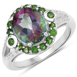 3.92 Carat Genuine Rainbow Quartz and Chrome Diopside .925 Sterling Silver Ring