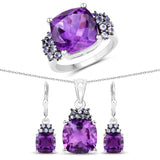 16.39 Carat Genuine Amethyst & Tanzanite .925 Silver 3 Pc Jewelry Set (Ring Earring & Pendant Chain)