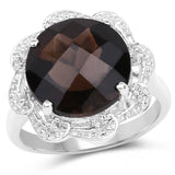 5.84 Carat Genuine Smoky Quartz and White Topaz .925 Sterling Silver Ring