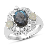 2.16 Carat Genuine Labradorite, Ethiopian Opal & White Topaz .925 Sterling Silver Ring