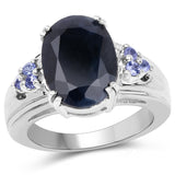 7.71 Carat Genuine Black Sapphire and Tanzanite .925 Sterling Silver Ring