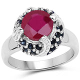 3.70 Carat Glass Filled Ruby and Blue Sapphire .925 Sterling Silver Ring
