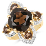 14K Yellow Gold Plated 5.92 Carat Genuine Smoky Quartz .925 Sterling Silver Ring