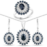 7.07 Carat Genuine Blue Sapphire White Topaz .925 Silver 3 Pc Jewelry Set Ring Earring Pendant Chain