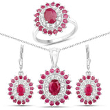 7.30 Carat Genuine Ruby & White Topaz .925 Silver 3 Piece Jewelry Set (Ring Earring & Pendant Chain)