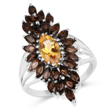 14K Yellow Gold Plated 3.08 Carat Genuine Citrine & Smoky Quartz .925 Sterling Silver Ring
