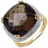 14K Yellow Gold Plated 12.10 Carat Genuine Smoky Quartz .925 Sterling Silver Ring