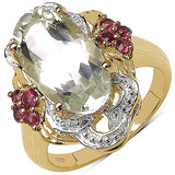 14K Yellow Gold Plated 4.65 Carat Genuine Green Amethyst & Rhodolite .925 Sterling Silver Ring