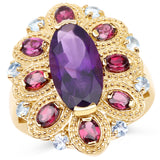 14K Yellow Gold Plated 6.80 Carat Genuine Amethyst, Rhodolite & Blue Topaz .925 Sterling Silver Ring