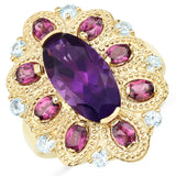6.80 Carat Genuine Amethyst, Rhodolite and Blue Topaz .925 Sterling Silver Ring
