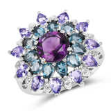 5.21 Carat Genuine Amethyst, London Blue Topaz & Tanzanite .925 Sterling Silver Ring