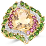 14K Yellow Gold Plate 6.11 Carat Genuine Citrine Rhodolite & Chrome Diopside .925 Silver Ring