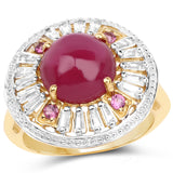 14K Yellow Gold Plate 8.91 Carat Genuine Glass Filled Ruby Rhodolite & White Topaz .925 Silver Ring