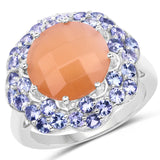 7.20 Carat Genuine Peach Moonstone and Tanzanite .925 Sterling Silver Ring