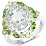 3.48 Carat Genuine Green Amethyst, Chrome Diopside and Peridot .925 Sterling Silver Ring